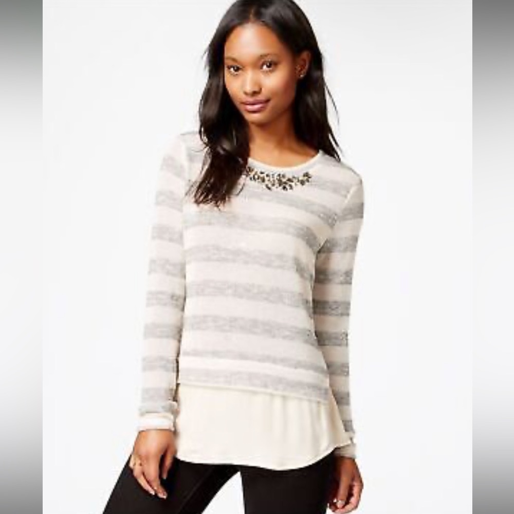 MAISON JULES Gray Beaded Striped Long Sleeve Jewel Neck Lightweight Sweater